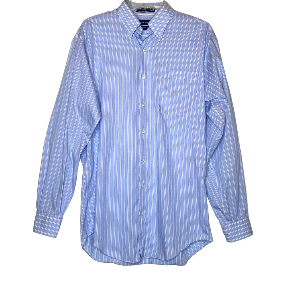 Nautical Wrinkle Free‎ Blue Striped Button Down Shirt Sz 151/2. 34/35